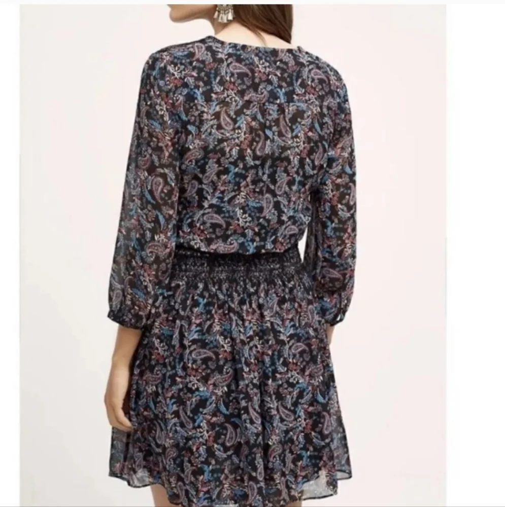 Anthro Vanessa Virginia Daytripper V Neck Paisley Smocked Waist Black Medium - Picture 2 of 6